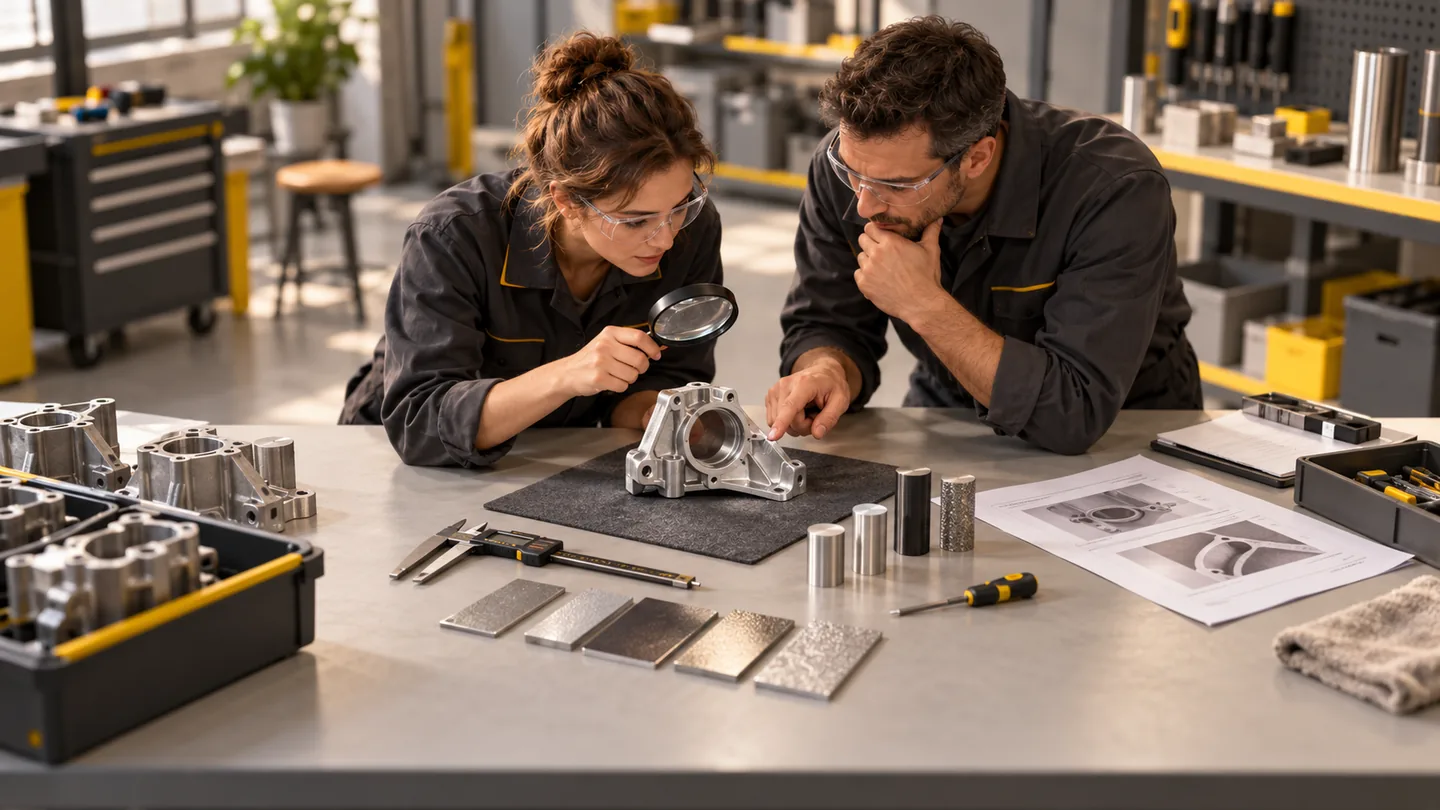 Deux collègues examinent une pièce avec un moyen de mesure, des échantillons de matière et des instructions.